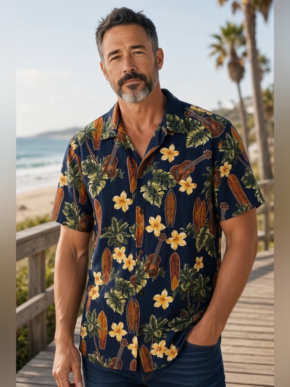 Vintage Hawaiian Short Sleeve Shirt Style 102C Navy Floral Surfer RJC